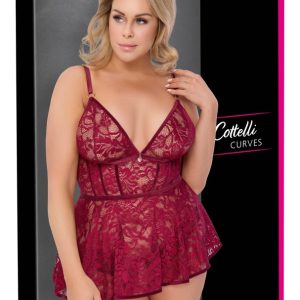 Cottelli CURVES Dunkelrotes Spitzen-Babydoll und Slip Set