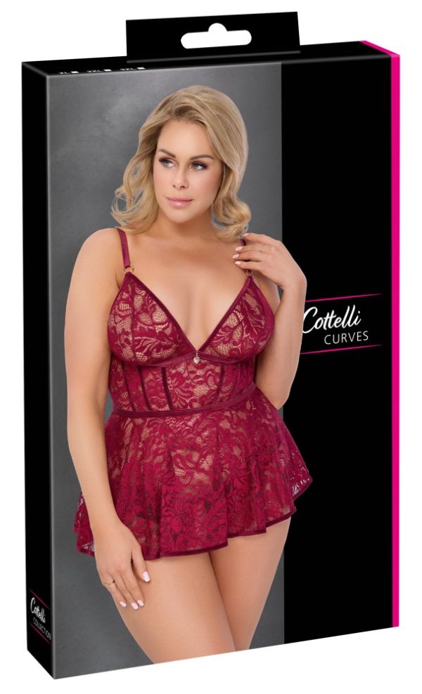 Cottelli CURVES Set Babydoll und Slip ouvert, dunkelrot, Spitze & Samt, Herz-Schmuckanhänger, roségoldfarben