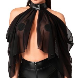 Noir Schwarzes Tüll-Top in Cape-Style mit Powerwetlook-Halsband, Größe XS, Schwarz