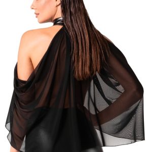 Noir Schwarzes Tüll-Top in Cape-Style mit Powerwetlook-Halsband, Größe XS, Schwarz