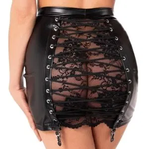 Noir Powerwetlook Minirock mit Spitzen-Einsatz, Schwarz, Größe S-XL – A