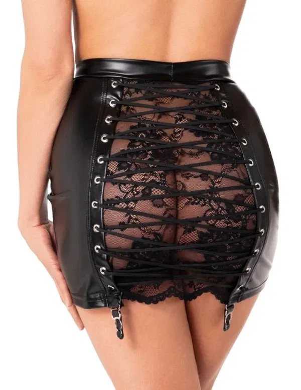 Noir Enigma Minirock in Powerwetlook - Schwarz Noir Powerwetlook Minirock mit Spitzen-Einsatz, Schwarz, Größe S-XL – A