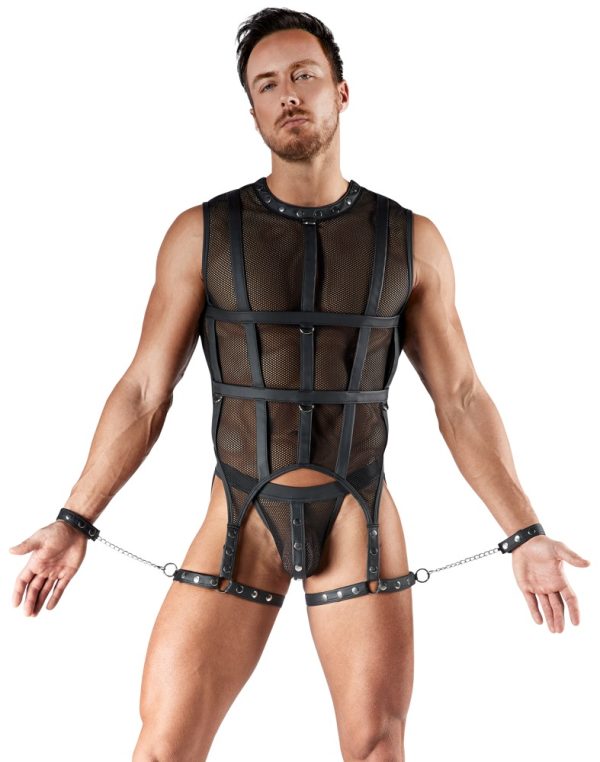 Svenjoyment, Netz-Shirt Set mit Schenkel-Harness und Handfesseln, Schwarz, Bondage