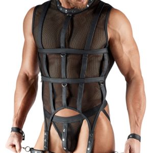 Svenjoyment, Netz-Shirt Set mit Schenkel-Harness und Handfesseln, Schwarz, Bondage