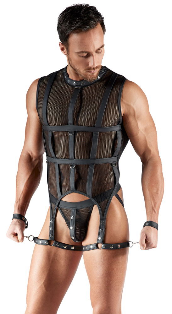 Svenjoyment, Netz-Shirt Set mit Schenkel-Harness und Handfesseln, Schwarz, Bondage