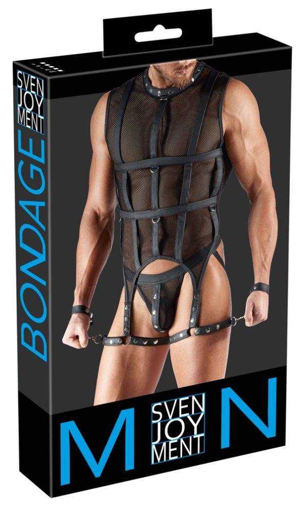 Svenjoyment, Netz-Shirt Set mit Schenkel-Harness und Handfesseln, Schwarz, Bondage