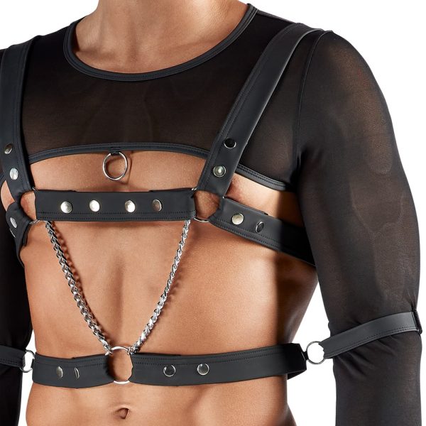 Svenjoyment BONDAGE Set - Crop-Top, Brust-Harness, Jock und Hand-/Armfesseln in Schwarz