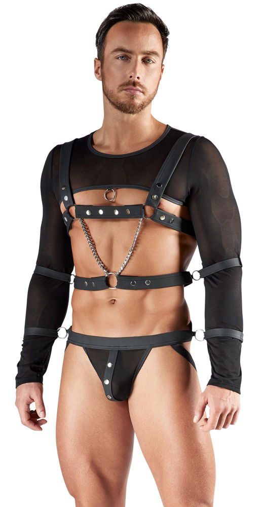 Svenjoyment BONDAGE Set - Crop-Top, Brust-Harness, Jock und Hand-/Armfesseln in Schwarz