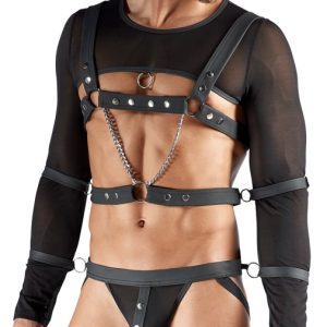 Svenjoyment BONDAGE Set - Crop-Top, Brust-Harness, Jock und Hand-/Armfesseln in Schwarz