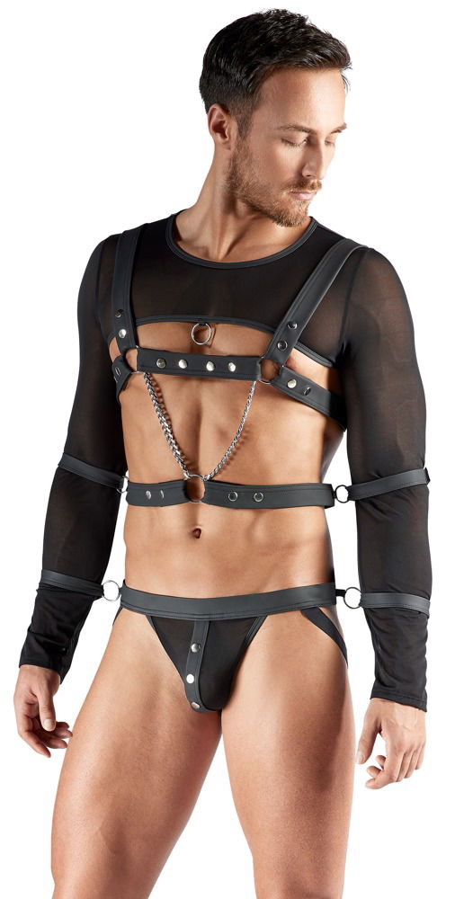 Svenjoyment BONDAGE Set - Crop-Top, Brust-Harness, Jock und Hand-/Armfesseln in Schwarz