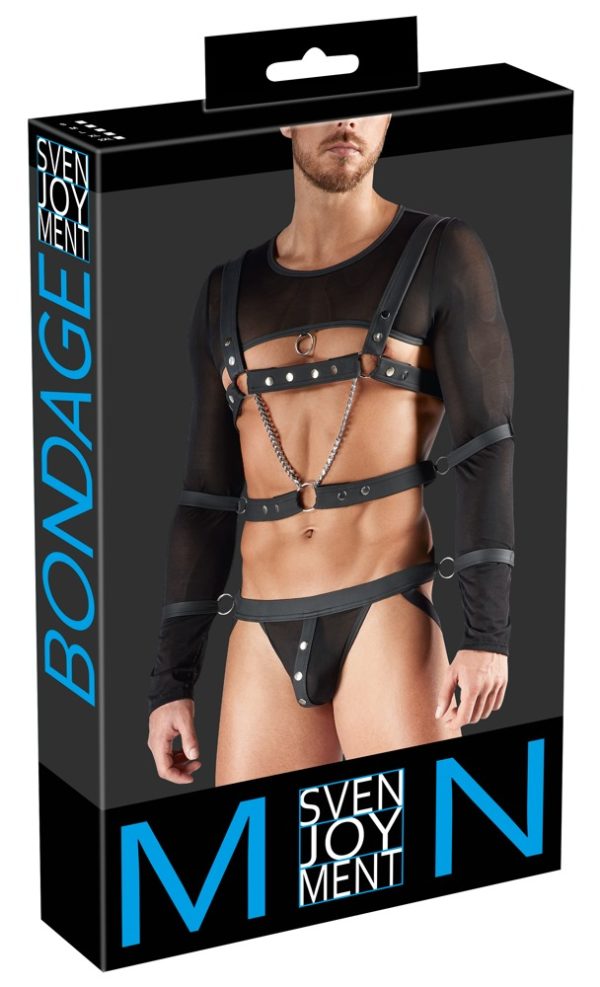 Svenjoyment BONDAGE Set - Crop-Top, Brust-Harness, Jock und Hand-/Armfesseln in Schwarz