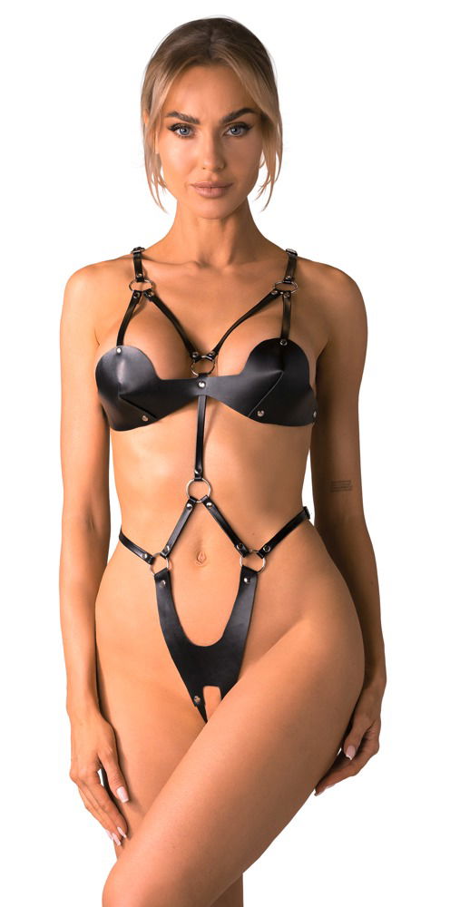 Obsessive Schwarzer Body Ouvert Deluxe - Lederimitat - Harness-Style - Damen Controle