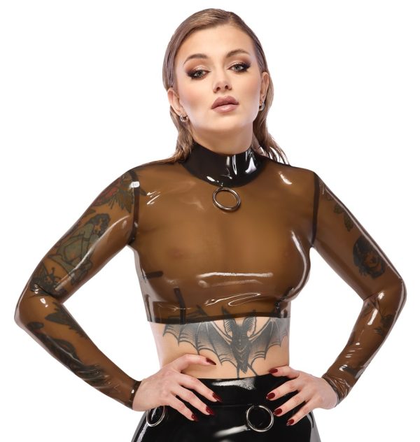 LateX Transparentes Langarm-Shirt mit Metallring und Stehkragen - rauchfarben, bauchfrei