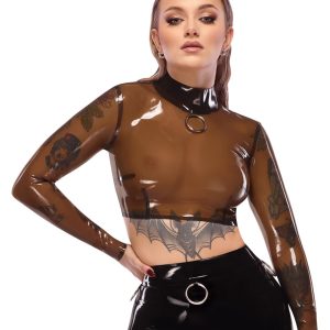 LateX Transparentes Langarm-Shirt mit Metallring und Stehkragen - rauchfarben, bauchfrei