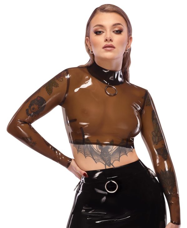 LateX Transparentes Langarm-Shirt mit Metallring und Stehkragen - rauchfarben, bauchfrei