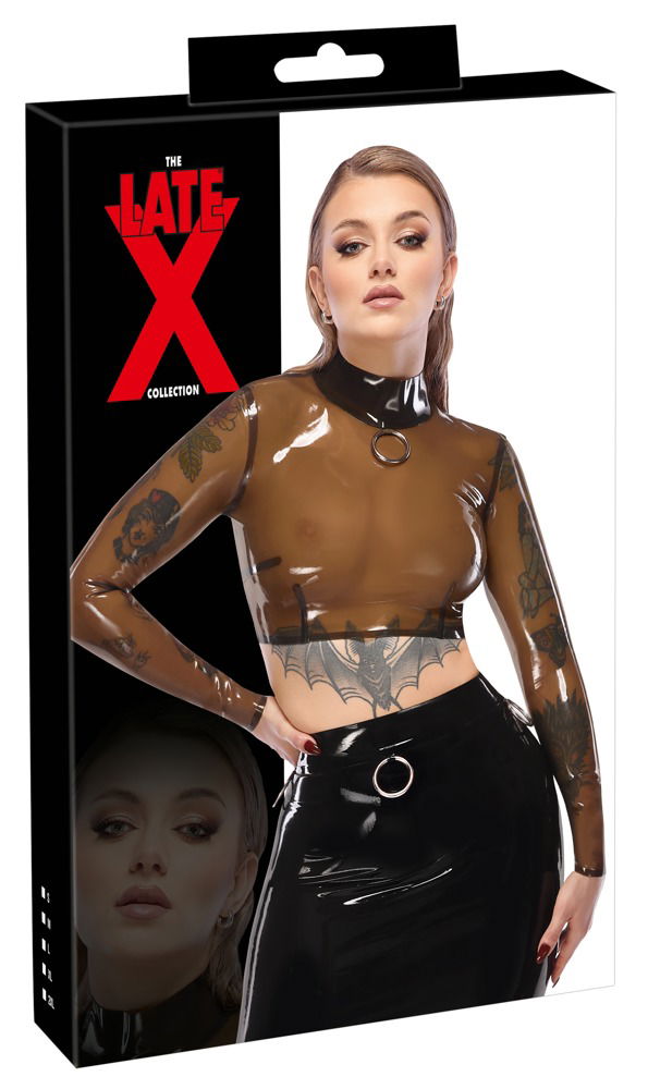 LateX Transparentes Langarm-Shirt mit Metallring und Stehkragen - rauchfarben, bauchfrei