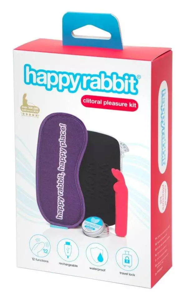 HappyRabbit Clitoral Pleasure Kit - Minivibrator, Menthol-Balsam, Augenmaske, Toybag – Verpackung