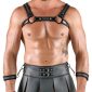 Svenjoyment Bondage Schwarzer Gladiatoren-Look Set - Brustharness, Rock & Handfesseln – A