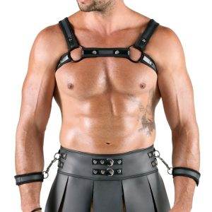 Svenjoyment Bondage Gladiator-Set, Größe: Einheitsgröße, Schwarz Svenjoyment Bondage Schwarzer Gladiatoren-Look Set - Brustharness, Rock & Handfesseln – C