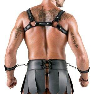 Svenjoyment Bondage Gladiator-Set, Größe: Einheitsgröße, Schwarz Svenjoyment Bondage Schwarzer Gladiatoren-Look Set - Brustharness, Rock & Handfesseln – Rückseite