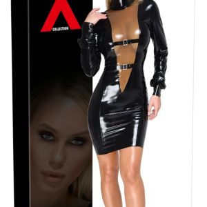 LateX Knielanges Latexkleid mit langen Ärmeln - Schwarz