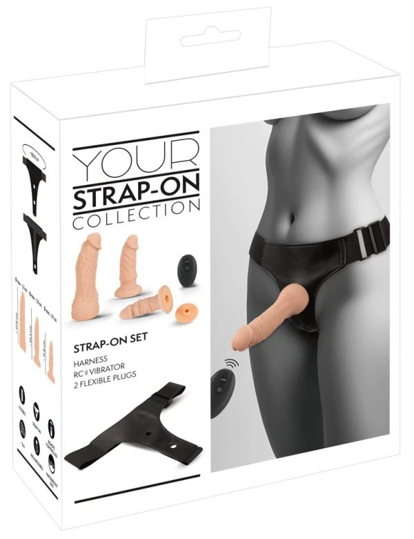 You2Toys Your Strap-On Collection 4-teiliges Set, verstellbarer Strap-on-String, Naturvibrator, 2 Naturdildos, Silikon, Schwarz