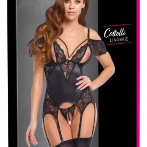 Cottelli LINGERIE Strapshemd und String ouvert - Satin und Spitze, Schwarz