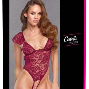 Cottelli LINGERIE - Verführerischer Bordeaux-roter Stringbody ouvert mit Perlenketten