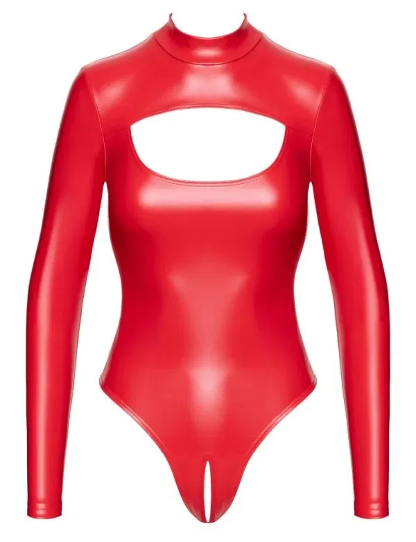 Noir Powerwetlook High Neck Langarm-Body in knallrot, Größe M