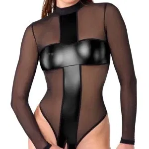 Noir Sexy Powerwetlook Langarm-Body ouvert in Schwarz, Größe: S-XL