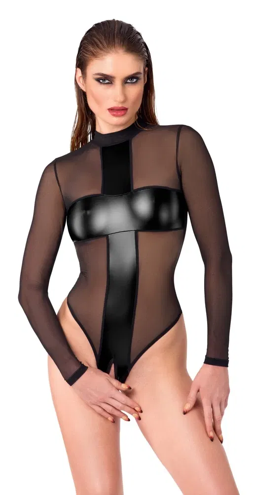 Noir Geheimnisvolle Transparenz! Schwarzer Langarm-Body ouvert in Powerwetlook-Stil, Größe S, Schwarz