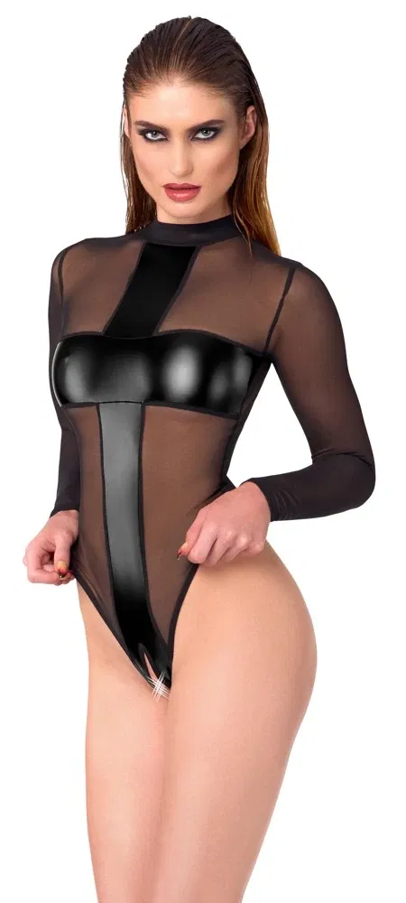 Noir Geheimnisvolle Transparenz! Schwarzer Langarm-Body ouvert in Powerwetlook-Stil, Größe S, Schwarz
