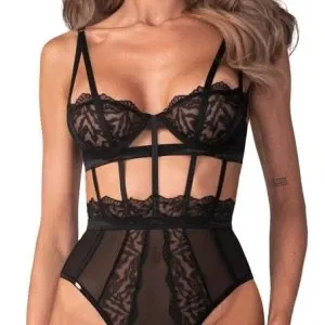 Obsessive Hersis Body ouvert - Schwarze Spitze mit Riemen-Optik, Größe und Farbe passend verstellbar