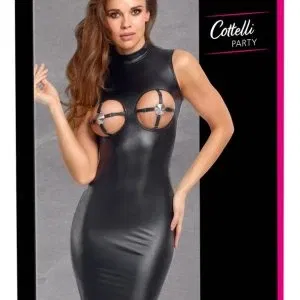 Cottelli PARTY busenfreies Minikleid, Schwarzer Mattlook, Stehkragen, tailliert, knieumspielende Länge, verstellbare Brust-Riemchen, silberfarbene Nippel-Covers, Reißverschluss hinten, elastisch, hoher Tragekomfort