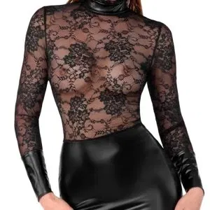 Noir Minikleid Schwarz Blütenspitze Wetlook M-L Powerwetlook Glamour Kleid