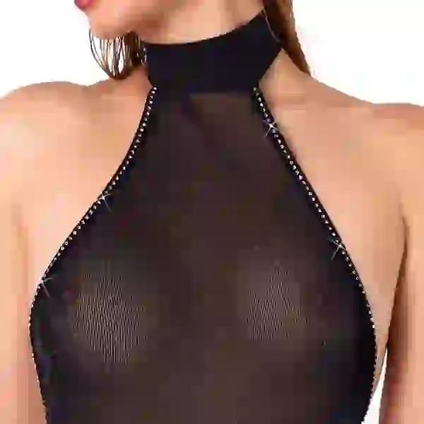 Noir Schwarzer Glitzer-Overall - Rückenfrei mit Glitzerstein-Band, Größe: S/M