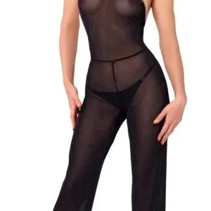 Noir Schwarzer Glitzer-Overall - Rückenfrei mit Glitzerstein-Band, Größe: S/M