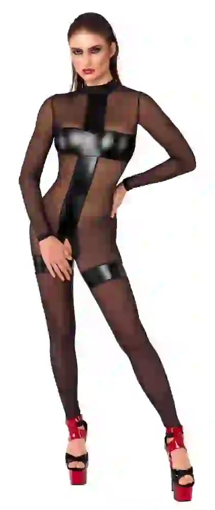 27308711021_nor_a Noir Sexy Powerwetlook Overall ouvert - Schwarz, Größe S-XL