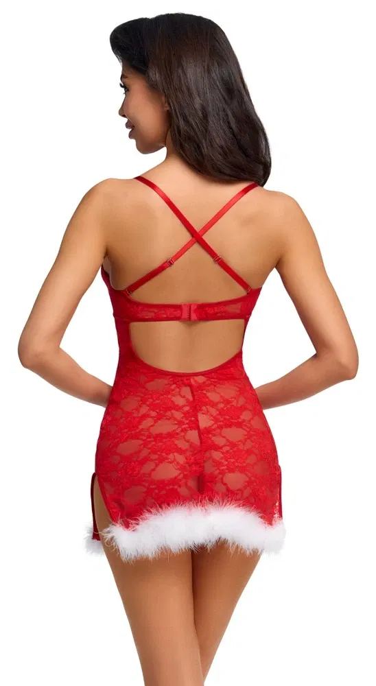Cottelli LINGERIE X-Mas Spitzen-Negligé in Rot mit Federn