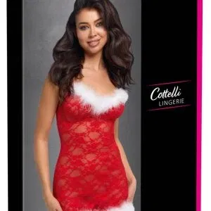 Cottelli LINGERIE X-Mas Spitzen-Negligé in Rot mit Federn