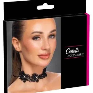 Cottelli ACCESSOIRES Spitzen-Halsband Schwarz S-L mit Perlen & Glitzersteinchen