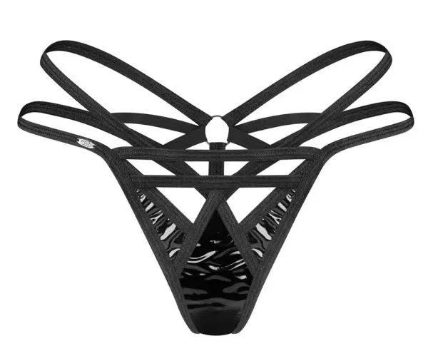 Obsessive Keira Lise Lack-String S/M Schwarz mit Riemen & Ring