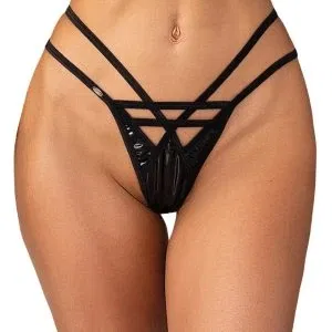 Obsessive Keira L/XL Lack-String Schwarz mit Riemen und Dekoring