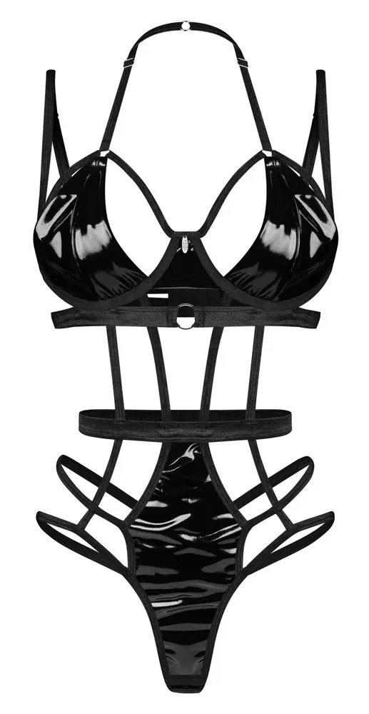 Obsessive Keira L/XL schwarzer Riemen-Stringbody mit Lackdetails