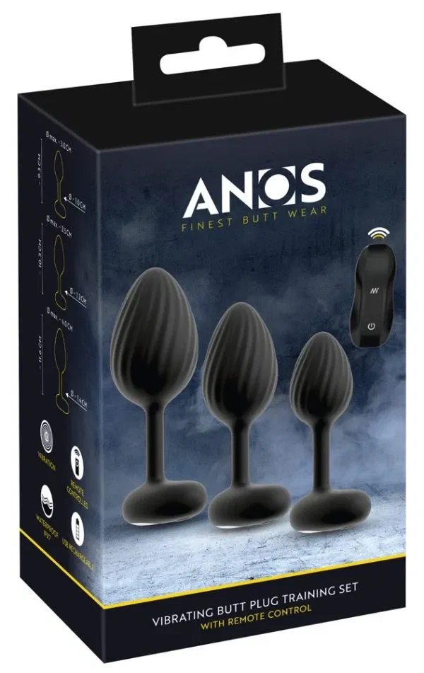 ANOS RC Vibrating Butt Plug Set Schwarz – 3 Größen, Fernbedienung, wasserdicht