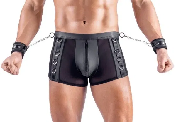 Svenjoyment Bondage Herren Pants 3XL Schwarz mit Soft-Handfesseln und Metallringen