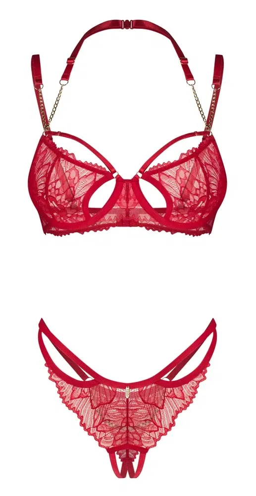 Obsessive Matildea Set L/XL Rot – Bügel-BH & Schrittoffener Riostring mit Spitze & Kettchen