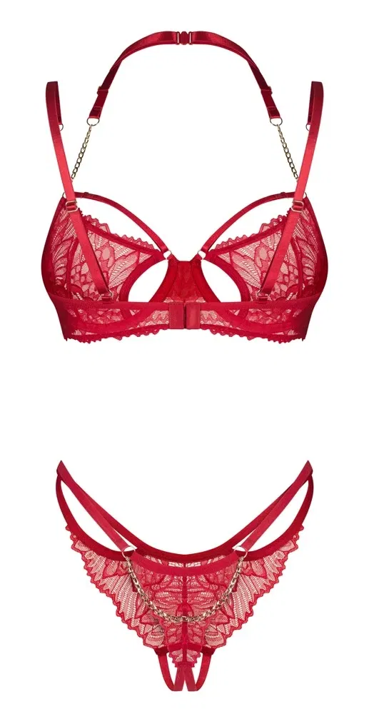Obsessive Matildea Set L/XL Rot – Bügel-BH & Schrittoffener Riostring mit Spitze & Kettchen