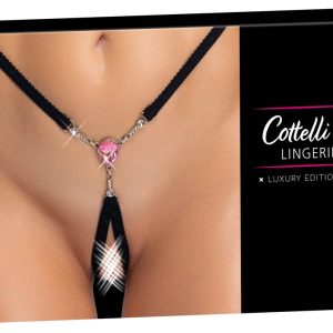 Cottelli LINGERIE schwarzer ouvert String S-L mit Rosa Schmuckstein und Glitzerkettchen