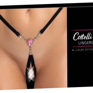 Cottelli LINGERIE schwarzer ouvert String S-L mit Rosa Schmuckstein und Glitzerkettchen